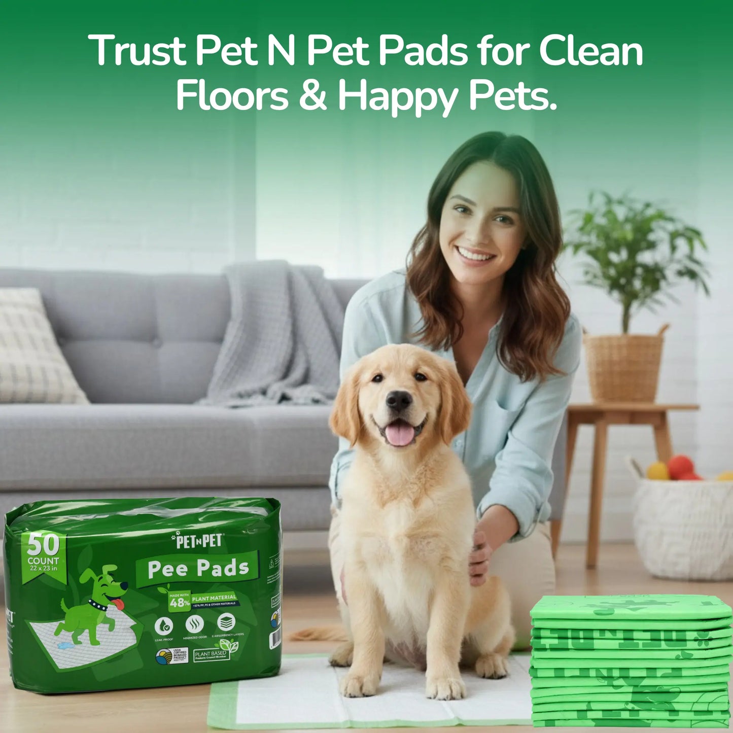 Pet N Pet 50-Count Puppy Training Pads – 48% USDA Certified Plant-Based, Unscented, Super Absorbent, and Leak-Proof