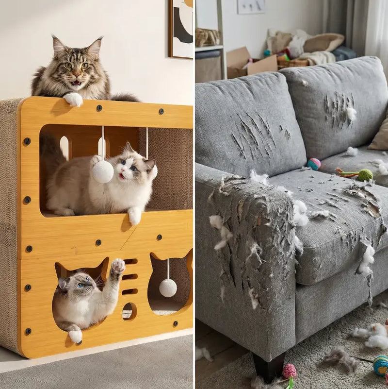Indoor & Outdoor Cat House: Spacious Multi-Functional Condo with Dual Scratch Pads, Plush Balls, Ventilated Door, and Durable Plywood & Kraft Paper Construction, Perfect for Cats