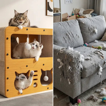 Indoor & Outdoor Cat House: Spacious Multi-Functional Condo with Dual Scratch Pads, Plush Balls, Ventilated Door, and Durable Plywood & Kraft Paper Construction, Perfect for Cats