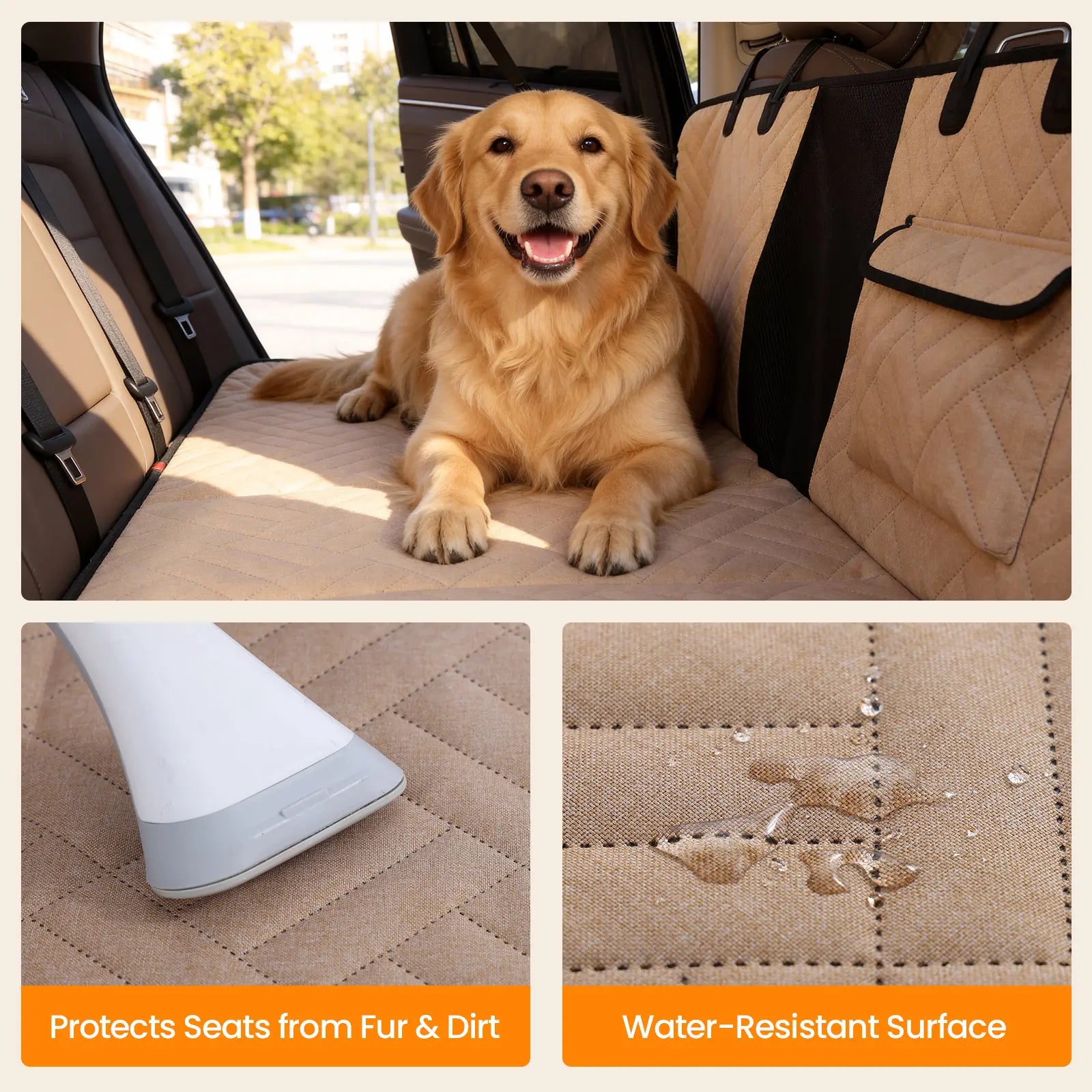 VALUXE Waterproof Dog Car Seat Cover for Large Dogs - Full-Cover Back Seat Protector, Foldable Design in Beige/Black