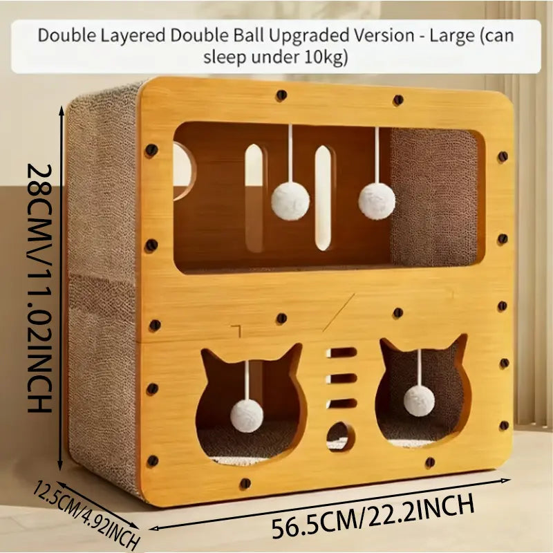 Indoor & Outdoor Cat House: Spacious Multi-Functional Condo with Dual Scratch Pads, Plush Balls, Ventilated Door, and Durable Plywood & Kraft Paper Construction, Perfect for Cats