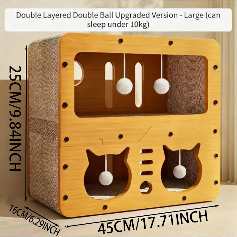 Indoor & Outdoor Cat House: Spacious Multi-Functional Condo with Dual Scratch Pads, Plush Balls, Ventilated Door, and Durable Plywood & Kraft Paper Construction, Perfect for Cats