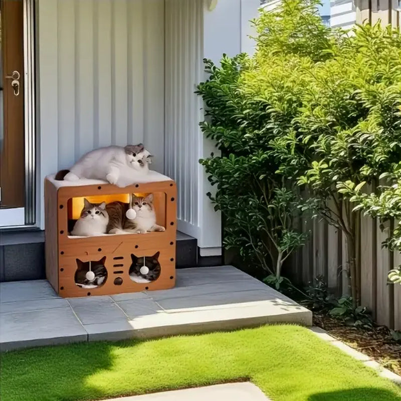 Indoor & Outdoor Cat House: Spacious Multi-Functional Condo with Dual Scratch Pads, Plush Balls, Ventilated Door, and Durable Plywood & Kraft Paper Construction, Perfect for Cats