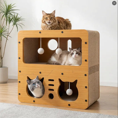 Indoor & Outdoor Cat House: Spacious Multi-Functional Condo with Dual Scratch Pads, Plush Balls, Ventilated Door, and Durable Plywood & Kraft Paper Construction, Perfect for Cats